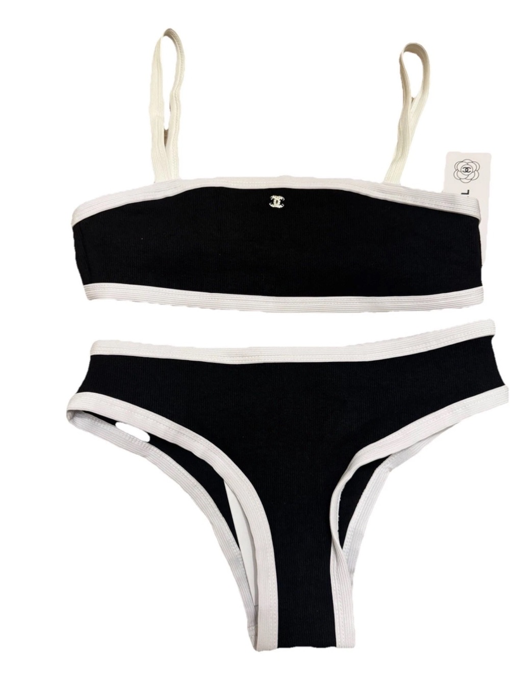 CHANEL Black with White Trim Ribbed Bikini Set